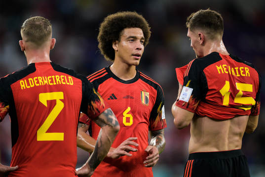 Toby Alderweireld, Axel Witsel and Thomas Meunier of Belgium