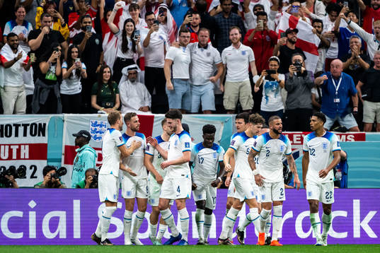 Players of England celebrate 1-0 by Jordan Henderson