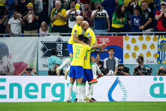 Vinicius Junior of Brazil celebrates with Richarlison,