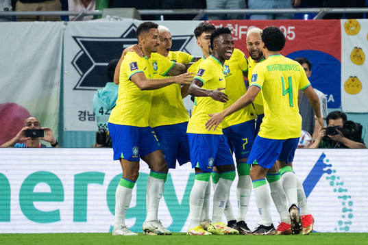 Vinicius Junior of Brazil celebrates with teammates