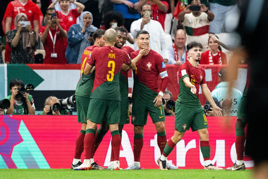 Rafael Leao of Portugal celebrates with Ruben Dias, Pepe,