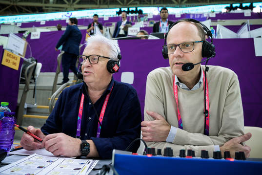 Swedish TV4 broadcast commentators Hans Backe and Lars Granqvist ahead of the FIFA World Cup 2022 round of 16 football match between Portugal and Switzerland on December 6, 2022 in Doha. 