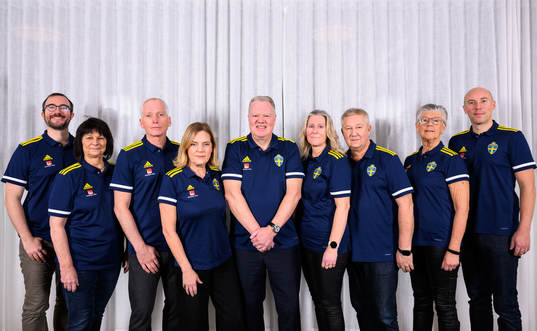 Lars Helmersson, Suzanne Hällström, Håkan Sjöstrand, Annika Grälls, ordförande Karl-Erik Nilsson, Nina Lindström, Bert Andersson, Lena Wallgren och Simon Åström från Svenska fotbollförbundets styrelse poserar för porträtt den 13 december 2022 i Stockholm. 