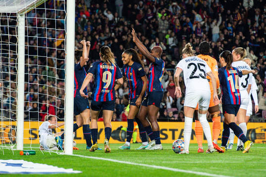 Marta Torrejon of Barcelona celebrates with teammates