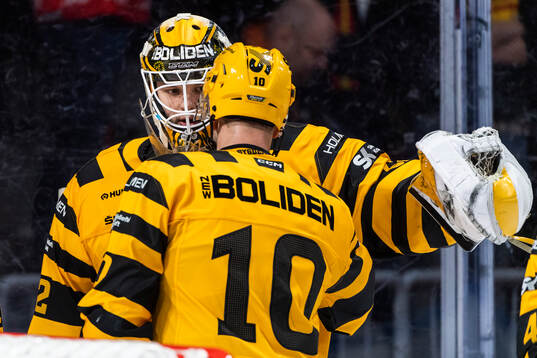 Skellefteås målvakt Linus Söderström jublar med Joakim