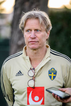 team manager Stefan Pettersson of the Swedish national football team is being interviewed by media at a training session