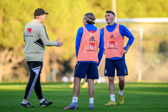Noah Persson and assistant coach Peter Wettergen of the Swedish national football team at a training session