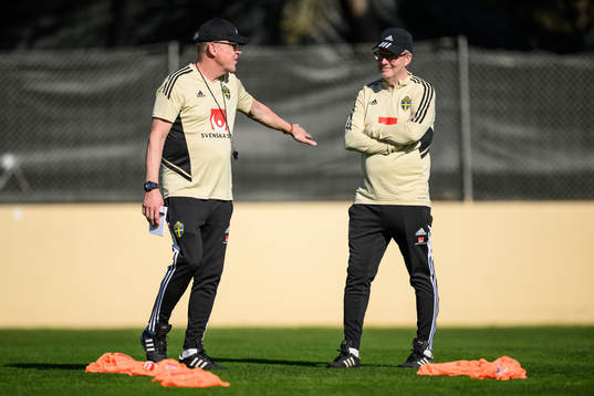 head coach Janne Andersson and scout Lasse Jacobsson of the Swedish men's football national team at a training session