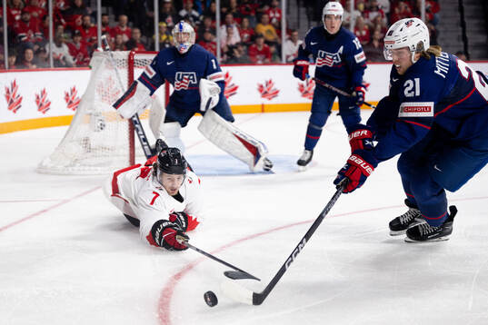 Brennan Othmann of Canada and Luke Mittelstadt of USA