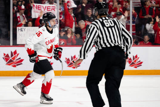Connor Bedard of Canada celebrates the 2-1 goal