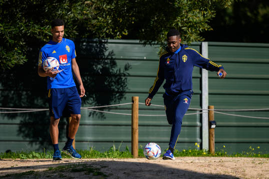 goalkeeper Oliver Dovin and Joel Asoro of the Swedish men's football national team playing football golf