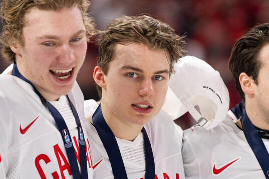 Connor Bedard of Canada celebrates
