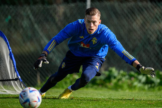 goalkeeper Leopold Wahlstedt of the Swedish men's football national team at a training session