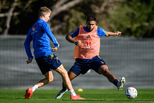 Samuel Gustafson and Omar Faraj of the Swedish men's football national team at a training session