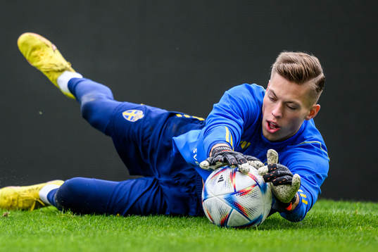 goalkeeper Leopold Wahlstedt of the Swedish men's football national team at a training session