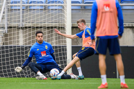 goalkeeper Oliver Dovin and Alexander Bernhardsson of the Swedish men's football national team at a training session