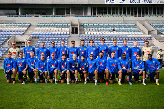 Head coach Janne Andersson, Gustaf Lagerbielke, Victor Edvardsen, Christoffer Nyman, Hugo Larsson, Edvin Kurtulus, goalkeeper Oliver Dovin, Hjalmar Ekdal, goalkeeper Jacob Widell Zetterström, goalkeeper Leopold Wahlstedt, Samuel Gustafson, André Boman, assistant coach Peter Wettergren, Victor Eriksson, Elias Andersson, Carl Gustafsson, Sebastian Nanasi, Alexander Bernhardsson, Armin Gigovic, Jacob Ondrejka, Moustafa Zeidan, Bilal Hussein, Omar Faraj, Noah Persson, Joel Asoro, Yasin Ayari and Josafat Mendes of the Swedish men's football national team pose for a group photo at a training session