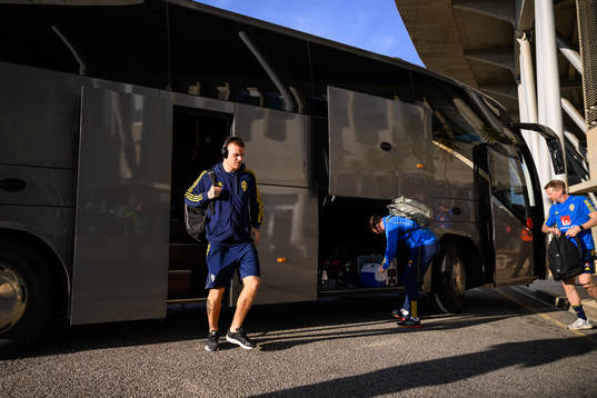 Victor Eriksson arrives at Estadio Algarve ahead of the international friendly football match between Sweden and Iceland on January 12, 2023 in Faro. 