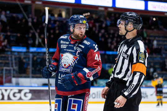 Linköpings Jonas Junland diskuterar med domaren