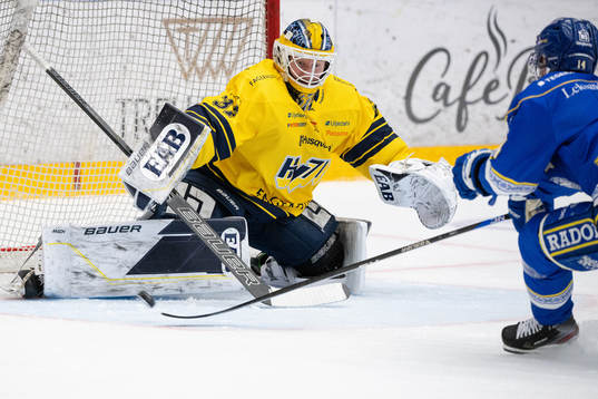 HV71s målvakt Jonas Gunnarsson och Leksands Oskar Lang
