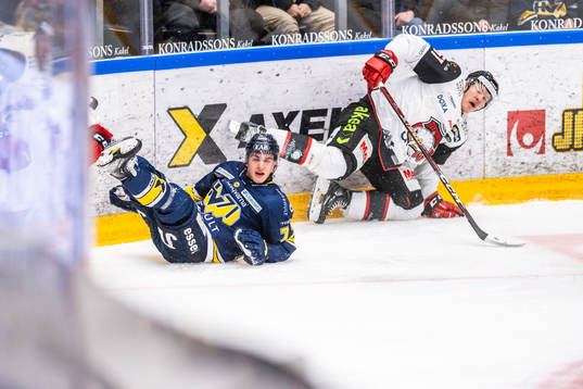 HV71s Herman Hansson  och Malmö Redhawks Emil Sylvegård
