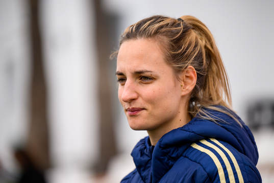 Nathalie Björn of the Swedish women's national football team is interviewed by the media