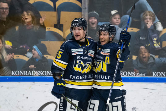 HV71s Radan Lenc jublar med målskytten till 3-1 Andy Miele