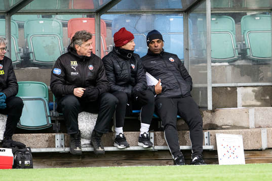 Helsingborgs målvaktstränare Sven Andersson, tränare Mattias Lindström  och tränare Alvaro Santos