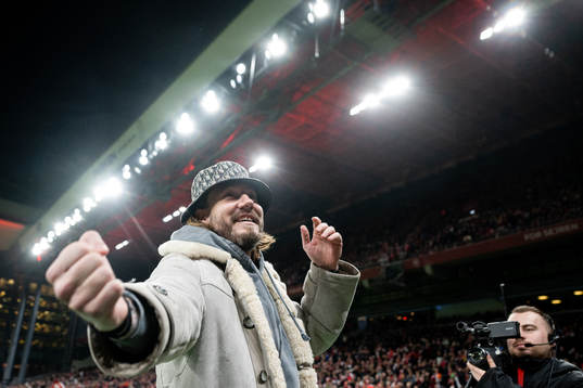 Former football player Nicklas Bendtner ahead of the UEFA Euro Qualifier football match between Denmark and Finland on March 23, 2023 in Copenhagen. 