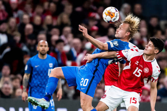 Joel Pohjanpalo of Finland and Christian Nørgaard of