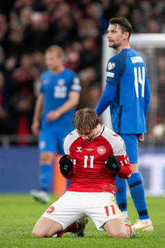 Rasmus Højlund of Denmark celebrates