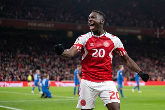 Mohamed Daramy of Denmark celebrate the 3-1 goal by Rasmus Højlund, not pictured,