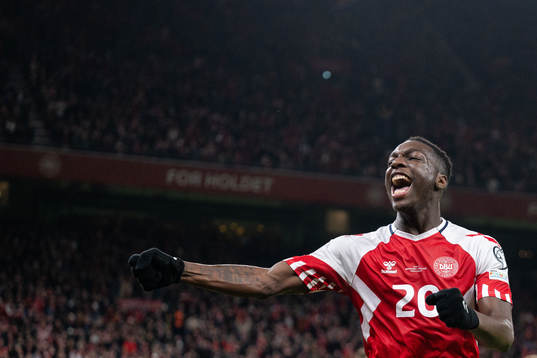 Mohamed Daramy of Denmark celebrate the 3-1 goal by Rasmus Højlund, not pictured,