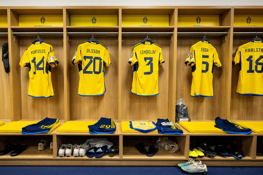 The jerseys of Edvin Kurtulus, Kristoffer Olsson, Victor Nilsson Lindelöf, Hjalmar Ekdal ahead of the UEFA Euro Qualifier football match between Sweden and Belgium on March 24, 2023 in Stockholm. 