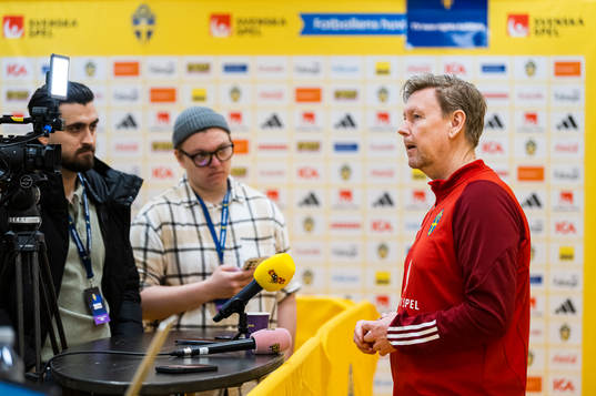 Assistant coach Peter Wettergren of the Swedish national football team during mixed zone following a training session on March 25, 2023 in Stockholm. 
