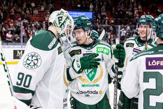 Färjestads målvakt Matthew Tomkins och Joakim Nygård