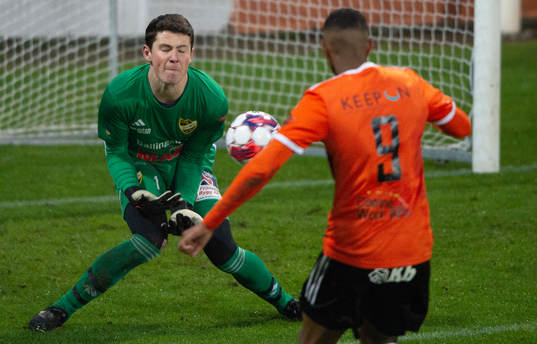 FK Hässleholms  målvakt Victor Stulic i matchen i div. 2 mellan Kristianstads FC och IFK Hässleholm i Kristianstad 31 mars 2023.