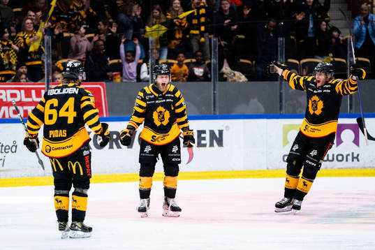 Skellefteås Oscar Möller jublar med Jonathan Pudas och