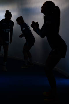 The silhouettes of Caroline Graham Hansen, Maren Mjelde and Ingrid Syrstad Engen of the Norwegian women's national football team ahead of a training session on April 5, 2023 in Ibiza. 
