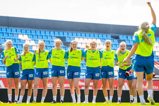 Karina Sævik, Amalie Eikeland, Malin Brenn, Julie Blakstad, Elisabeth Terland, Cesilie Andreassen, Anja Sønstevold and Anna Langås Jøsendal of the Norwegian women's national football team