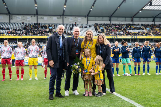 Fredrik Reinfeldt, president of the Swedish Football Association, Håkan Sjöstrand, general secretary of the Swedish Football Association, Lisa Dahlkvist and Manager Marika Domanski Lyfors ahead of the women's international friendly football match between Sweden and Denmark on April 7, 2023 in Malmö. 
