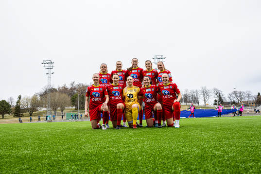 The starting eleven of Røa, from the top left; Kristin Haugstad, Oline Brekke Fuglem, Ragne Hagen Svastuen, Julie Elise Hoff Klæboe, Martine Humlestøl Midtbø, Tuva Lotte Leschbrandt Espås, Synne Masdal, Hildegunn Sævik, Solveig Engås and Mia Hambro Svendsen poses for a team group photo ahead of the Toppserien football match between Rosenborg and Røa on April 15, 2023 in Trondheim.