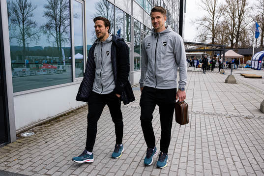 Sondre Solholm Johansen and Ole Erik Midtskogen of Odd arrives ahead of the Eliteserien match between Odd and Brann on April 16, 2023 in Skien.