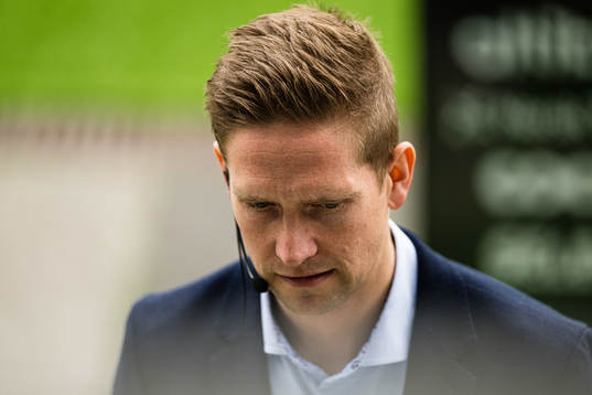 Espen Andreas Eskås, referee, at at the VAR screen ahead of the Eliteserien match between Odd and Brann on April 16, 2023 in Skien.