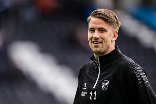 Ole Erik Midtskogen of Odd warms up ahead of the Eliteserien match between Odd and Brann on April 16, 2023 in Skien.