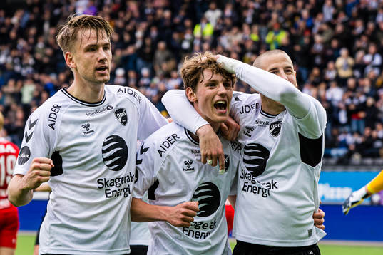 Filip Jørgensen of Odd celebrates after scoring the 1-0 goal
