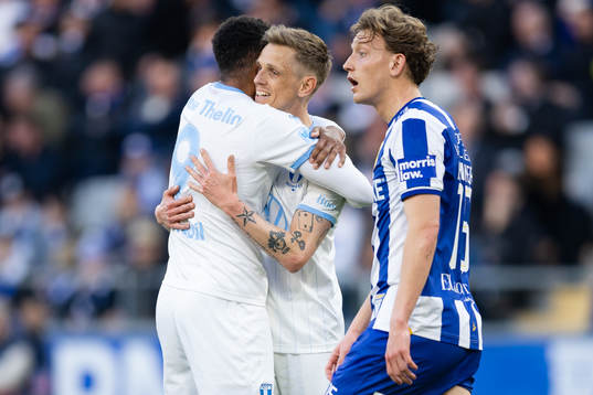 Malmö FFs Isaac Kiese Thelin jublar ihop med Søren Rieks