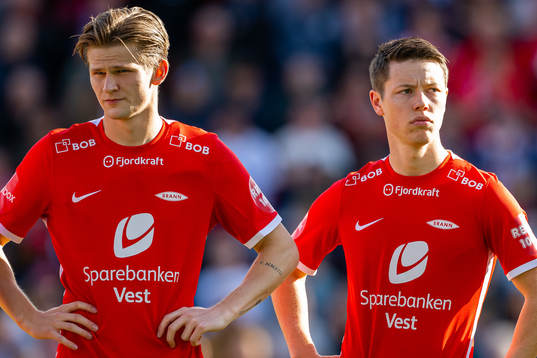 David Møller Wolfe and Mathias Rasmussen of Brann ahead of the Eliteserien football match between Brann and Vålerenga on April 22, 2023 in Bergen. 