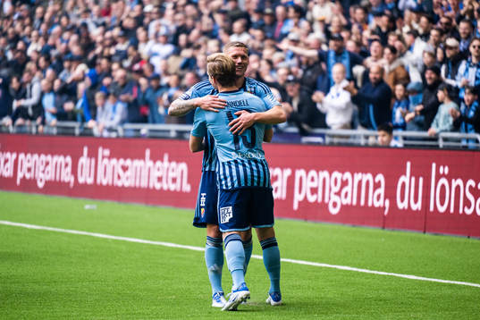 Djurgårdens Hampus Finndell och Victor Edvardsen jublar efter 1-0