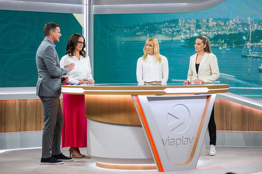 Niklas Jihde, Suzanne Sjögren, Johanna Frisk och Lisa Dahlkvist i Viaplay studion den 25 april 2023 i Stockholm. 